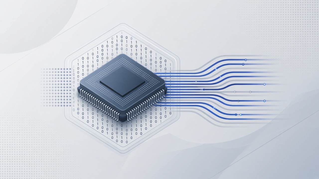 A computer processor and binary data illustrating 64-bit computing