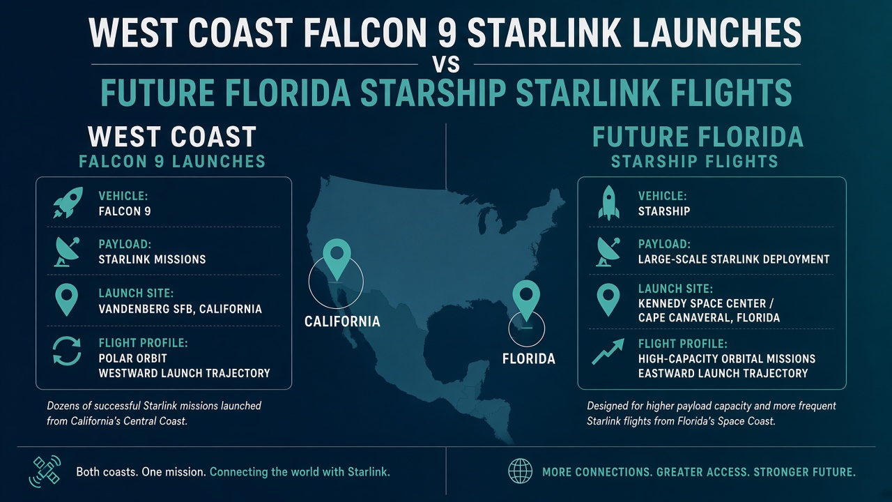 Comparison of Falcon 9 Starlink launches from California and planned Starship launches from Florida