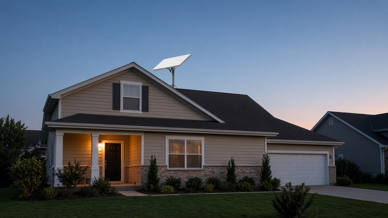 Suburban house at dusk with a flat white rooftop satellite dish under a clear sky