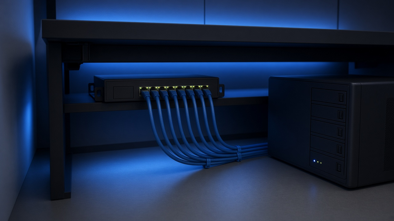 Speed-test gauge dashboard with rising throughput bars